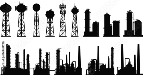 Industrial factory silhouette set featuring oil refinery towers, chemical plant structures, gas storage tanks, water towers, and power station engineering icons.