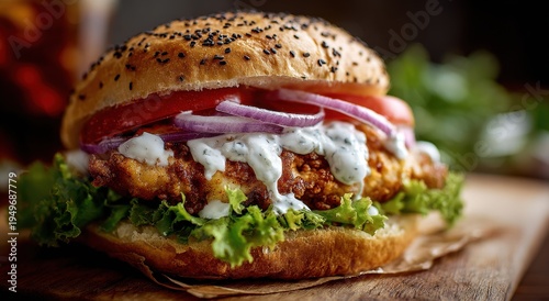 Gourmet Chicken Burger with Fresh Toppings on Rustic Wooden Board, Close-Up.