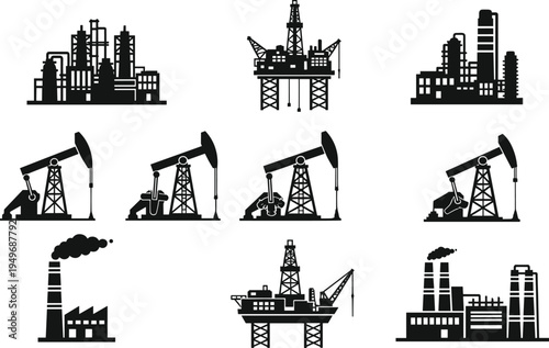 Oil and gas industry icons, petroleum extraction pump jack, offshore drilling rig platform, fuel refinery factory, energy production silhouette set. (20 words)