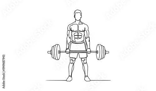 Continuous line drawing of young weightlifter preparing for barbell lift minimalist fitness vector illustration