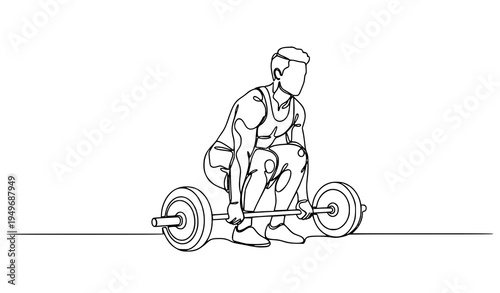 Minimal continuous line drawing of strong man preparing for barbell workout gym fitness vector