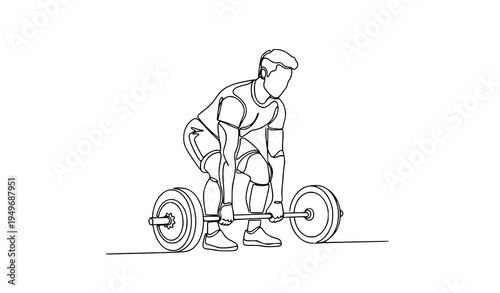 Continuous line weightlifter athlete holding barbell fitness training concept vector illustration