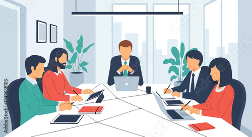 A diverse team of professionals convenes around a modern conference table in an office, collaborating and discussing business strategies.