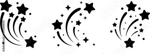Set of black shooting star icons, creative firework display symbols, elegant magic trail elements for design, isolated