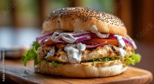 Gourmet Chicken Burger with Fresh Toppings on Wooden Board, Close-Up.