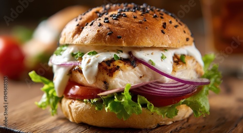 Delicious Chicken Burger with Fresh Vegetables and Creamy Sauce on Wooden Board.