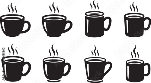 Eight black coffee cups with steam rising illustration set