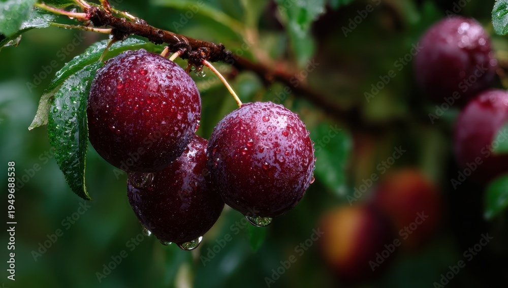 Obraz premium Ripe Plums on Branch, Raindrops, Lush Green Background, Close-Up.