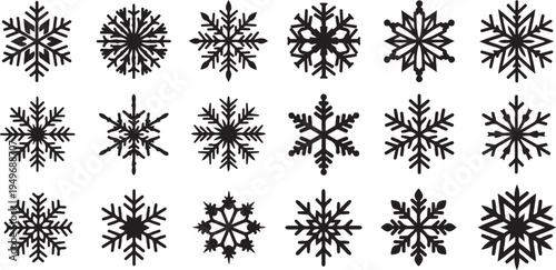 Collection of unique black snowflakes on white background illustration