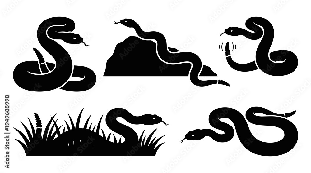 Obraz premium Wild rattlesnake vector black silhouette set with desert habitat elements rocks grass warning rattle tail and striking pose isolated flat graphic illustration.