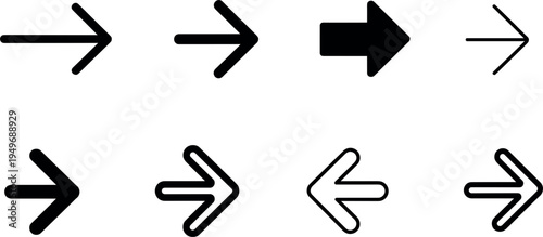 Set of modern black arrow icons, directional cursor symbols, creative navigation elements for web design, isolated