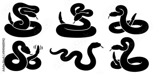 Rattlesnake vector black silhouette set. Venomous snake poses, coiled, slithering, and striking reptiles isolated on white background.