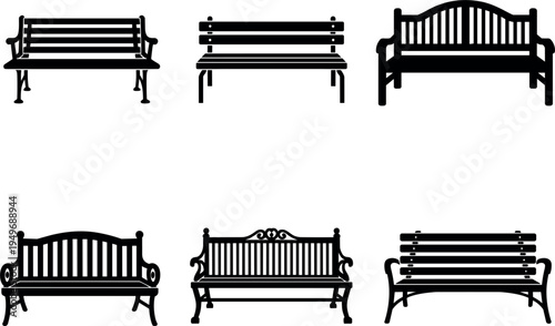 Garden bench silhouettes collection, outdoor park furniture set, street wooden seats icons, and urban landscaping elements