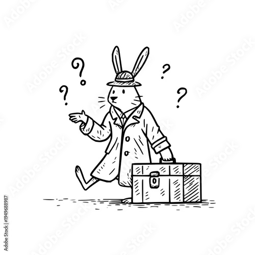 Confused cartoon rabbit in detective attire holding briefcase and questioning surroundings with puzzled expression