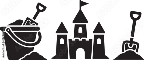 Black and white beach sandcastle building illustration graphic design