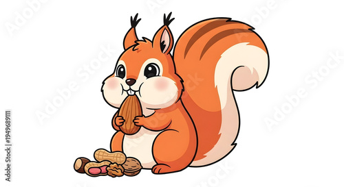 Cute cartoon squirrel holding nuts with a cheerful expression