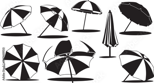 Collection of various beach umbrellas in black and white
