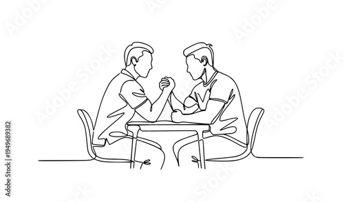 Continuous line drawing of friends arm wrestling symbol of rivalry strength and friendly competition