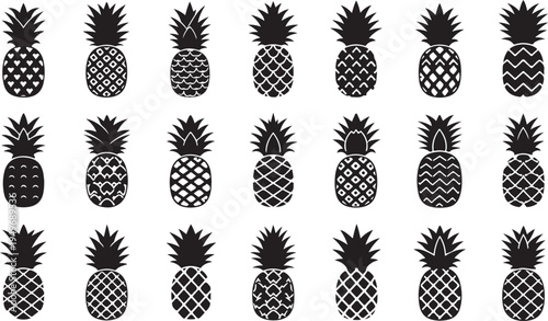 Various black pineapple silhouettes on white background pattern design