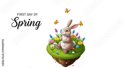 Illustration of a cute rabbit sitting on a grassy heart with colorful flowers and butterflies, symbolizing the first day of spring season beginning with a joyful and vibrant mood.
