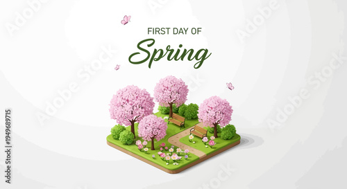 Isometric illustration of a blooming spring garden with pink hydrangeas, greenery, and a pathway on a white background, symbolizing the first day of spring and the spring equinox.