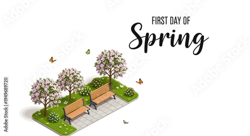 Isometric illustration of a serene park scene with blooming trees and a bench on the first day of spring against a clean white background.