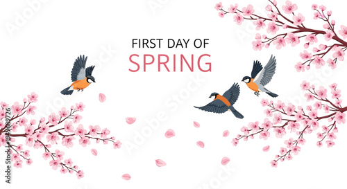 Illustration of birds flying around blooming cherry blossom branches with the text 'First Day of Spring' on a white background, symbolizing the spring equinox and season beginning.