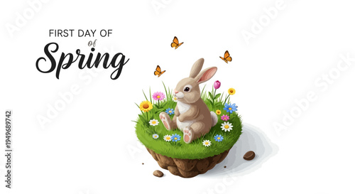 A cute rabbit sits on a grassy mound with colorful flowers and butterflies on the first day of spring, with a minimalist design illustration.