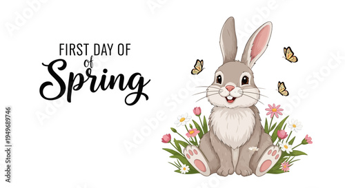 Illustration of a cute rabbit sitting in blooming flowers on the first day of spring with butterflies, representing the springtime concept and season beginning.