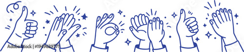 A line of cartoon hands showing various gestures of approval and celebration, including thumbs up, clapping, and the 'okay' sign, all adorned with sparkling stars and confetti.