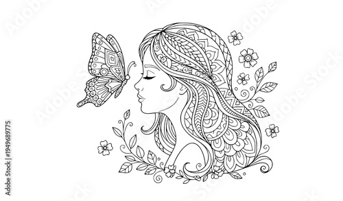 Pretty girl profile with flying butterfly zentangle line art adult coloring page vector illustration