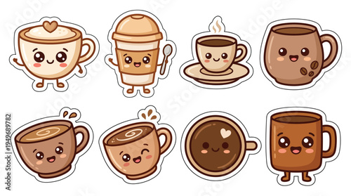 A collection of adorable kawaii-style coffee cups, each with a unique cute face and expressive features, presented as individual stickers.