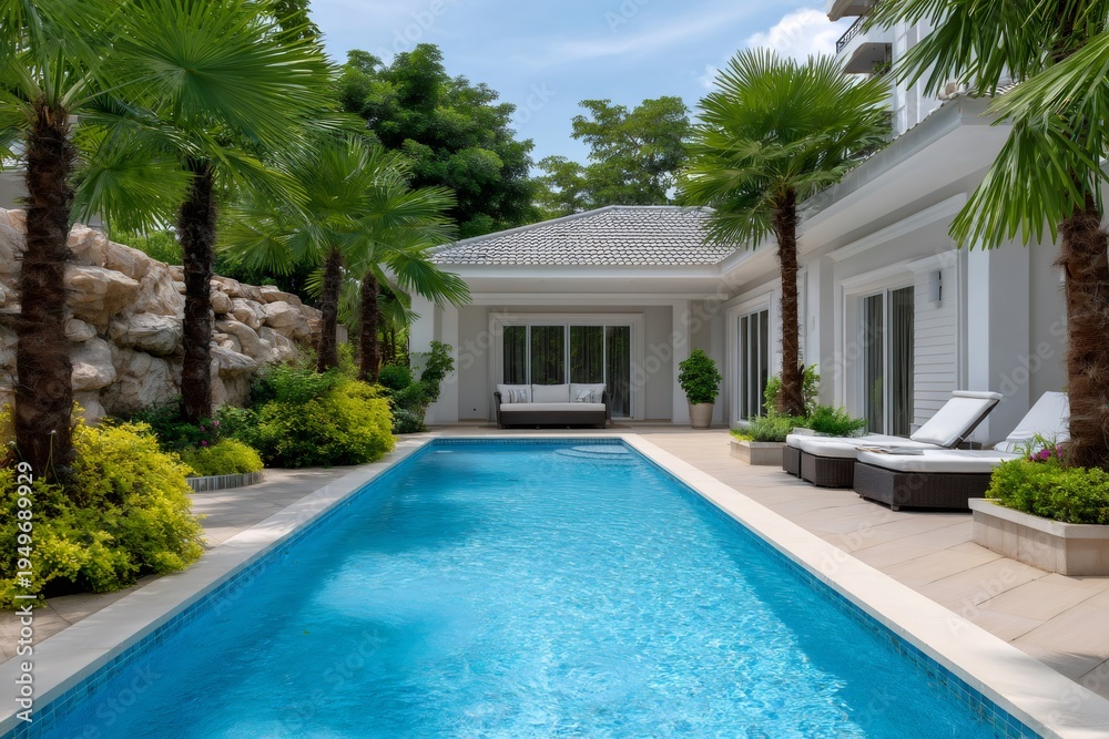 Fototapeta premium Luxurious tropical villa with private swimming pool and palm garden