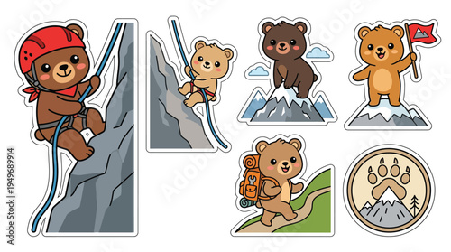 A collection of adorable cartoon bears engaged in various outdoor adventure activities like rock climbing, hiking, and mountaineering.