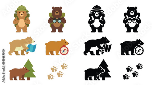 Collection of stylized bear icons representing outdoor activities like hiking, camping, and navigation with compasses and maps.