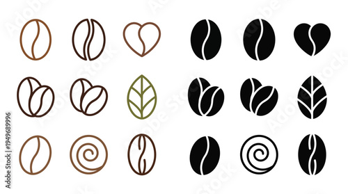 Collection of coffee bean icons and related symbols in outline and solid fill styles, presented in two distinct color palettes.