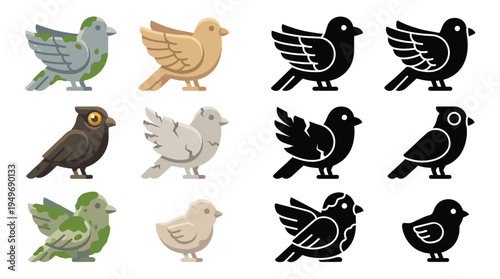 Collection of stylized bird illustrations in various colors and styles, including realistic, cartoonish, and silhouette designs.