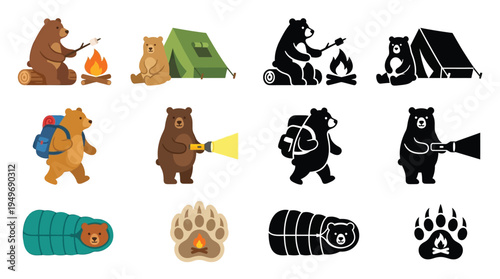 Collection of cartoon bear illustrations depicting camping, hiking, and outdoor activities with various elements like tents, campfires, and sleeping bags.