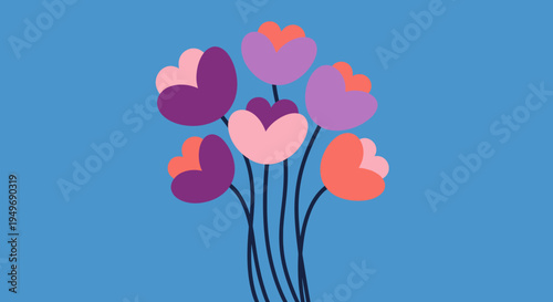 A bouquet of vibrant purple and pink flowers with green stems against a solid blue background, perfect for spring and summer themes