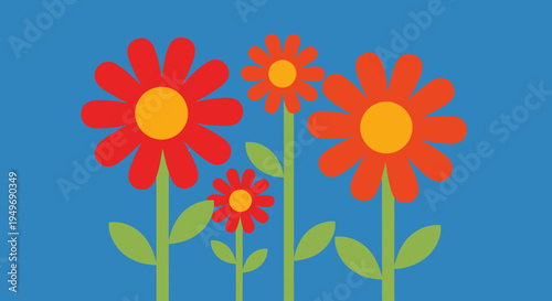 Bright red flower illustration with vibrant orange centers against a clear blue background, evoking a sense of spring and nature's beauty
