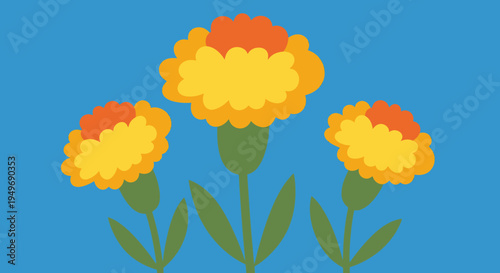 Three vibrant yellow marigold flowers with green stems and leaves against a bright blue background illustration