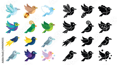Collection of colorful and silhouette bird illustrations in various poses and styles, showcasing diversity in avian art.