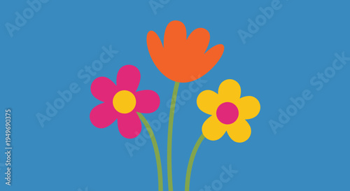Vibrant illustration of three cheerful blooming flowers in various colors against a solid blue background, evoking joy and simplicity