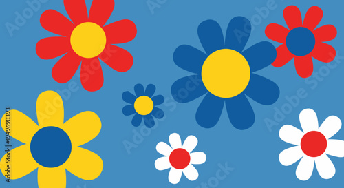 A vibrant display of various colorful flower illustrations on a bright blue background, evoking a cheerful and playful mood
