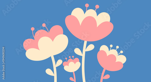 A charming and whimsical illustration featuring stylized pink and cream flowers blooming gracefully against a serene blue background, capturing the essence of nature's simple beauty