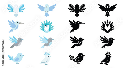 A collection of stylized bird icons in both colorful and silhouette versions, showcasing various avian poses and designs.