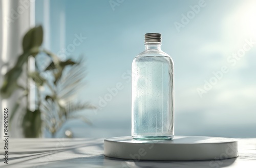 Clear Glass Bottle on a Round Platform with Blurred Background, Minimalist Still Life.