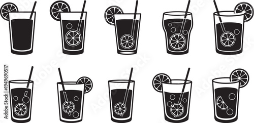Black and white illustration of glasses with lemon slices