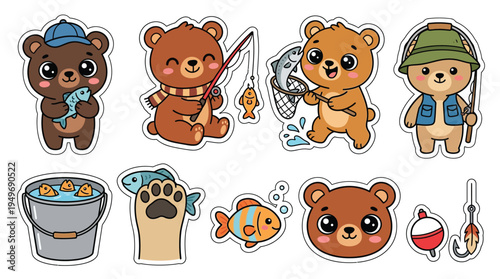Collection of cute cartoon bears engaged in various fishing activities, including catching fish, holding fishing rods, and a bucket of fish.