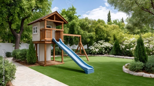 Backyard playground playset with slide and swing